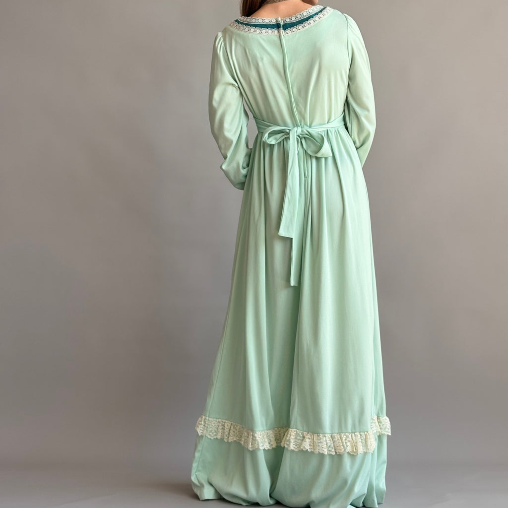 JCPenney Vintage 70s Mint Green Prairie Dress - Lace Trim