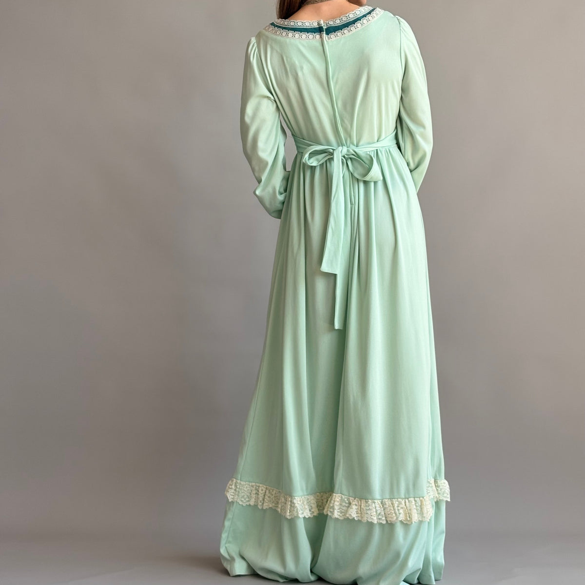 JCPenney Vintage 70s Mint Green Prairie Dress - Lace Trim