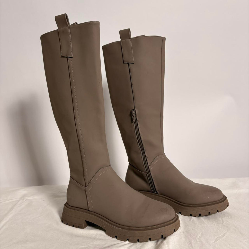 Knee-High Platform Boots - Khaki/Grey, Size 8