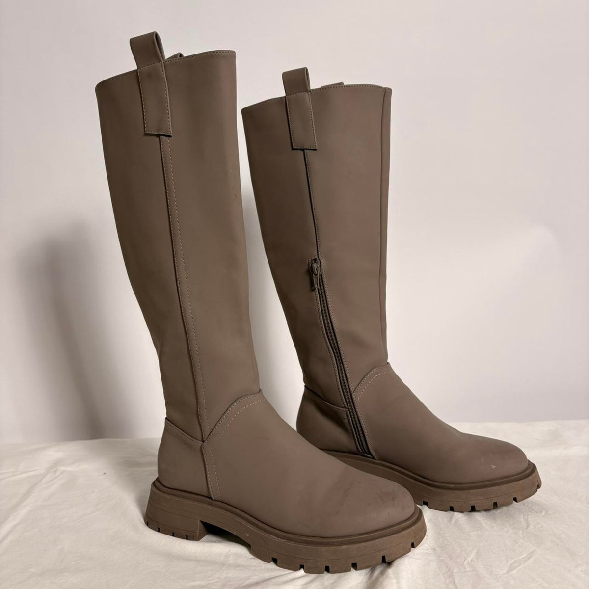 Knee-High Platform Boots - Khaki/Grey, Size 8