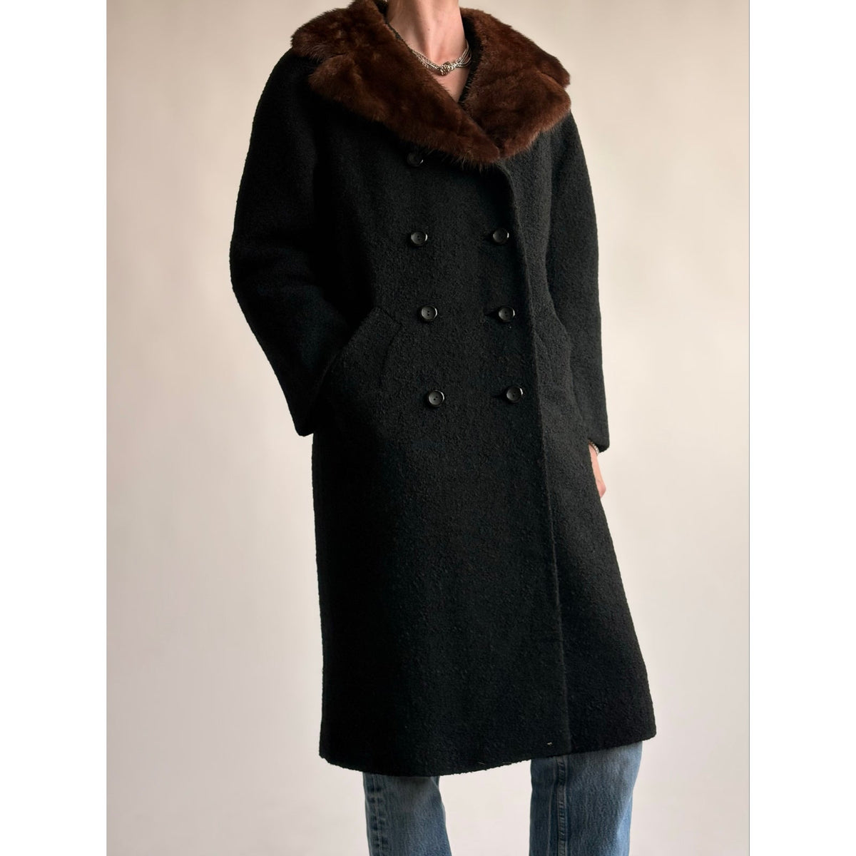 Vintage Woodward & Lothrop Black Wool Car Coat with Mink Fur Collar