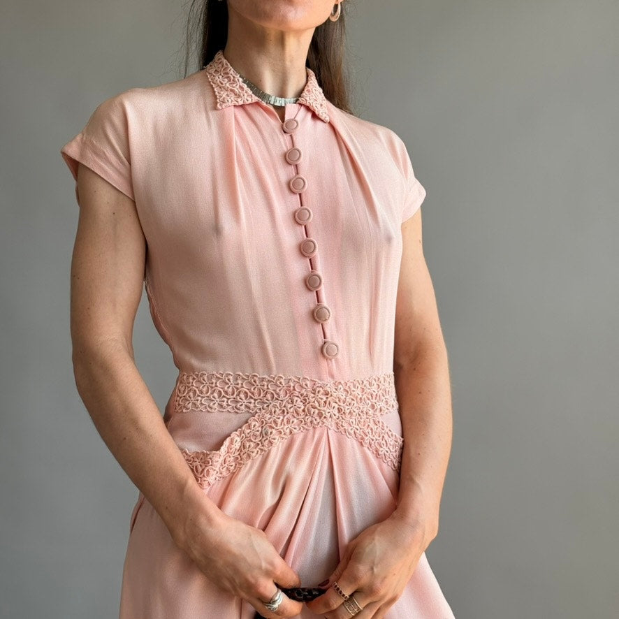 Vintage 1940s A Minx Modes Junior Pink Rayon Crepe Lace Dress