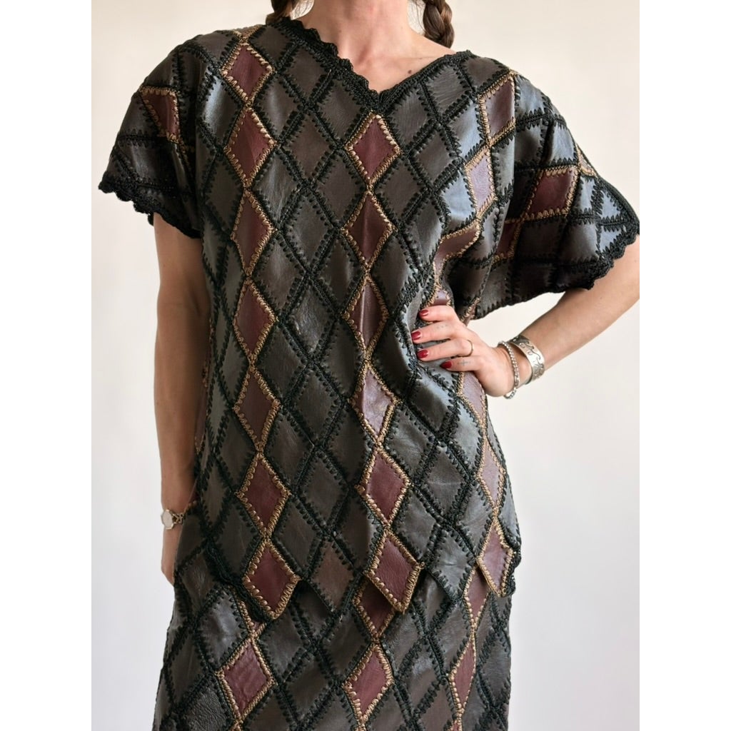 Vintage 1970s Handmade Turkish Diamond Patchwork Leather Top