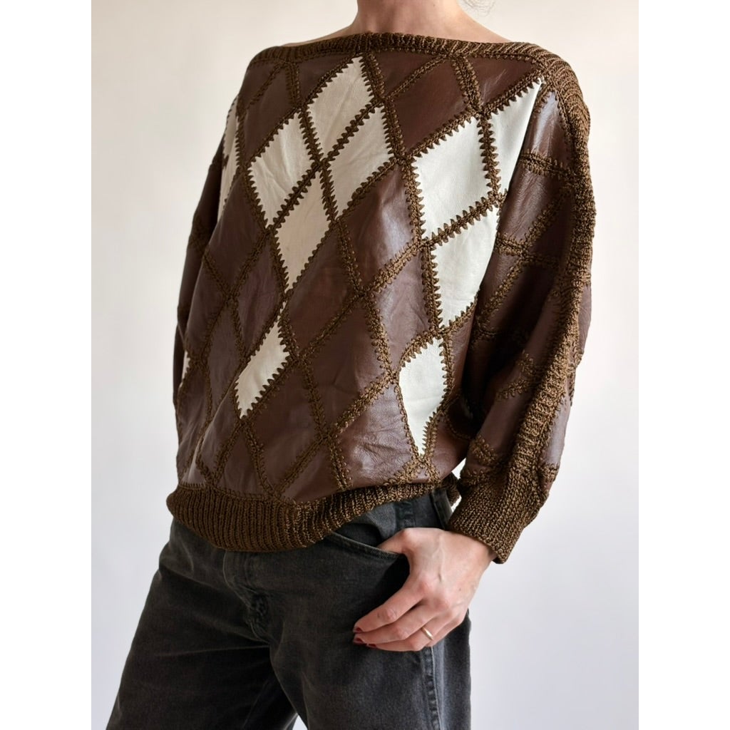 Vintage 1970s Handmade Turkish Diamond Patchwork Leather Top