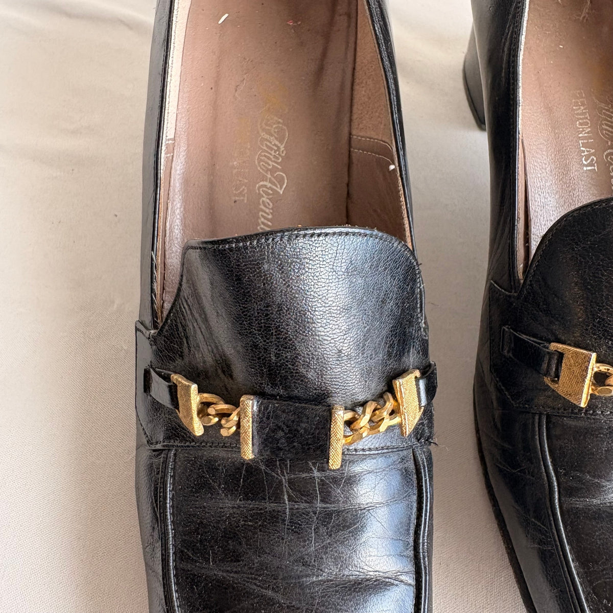 Vintage Saks Fifth Ave Black Leather Heeled Loafers - Block Heel, Square Toe