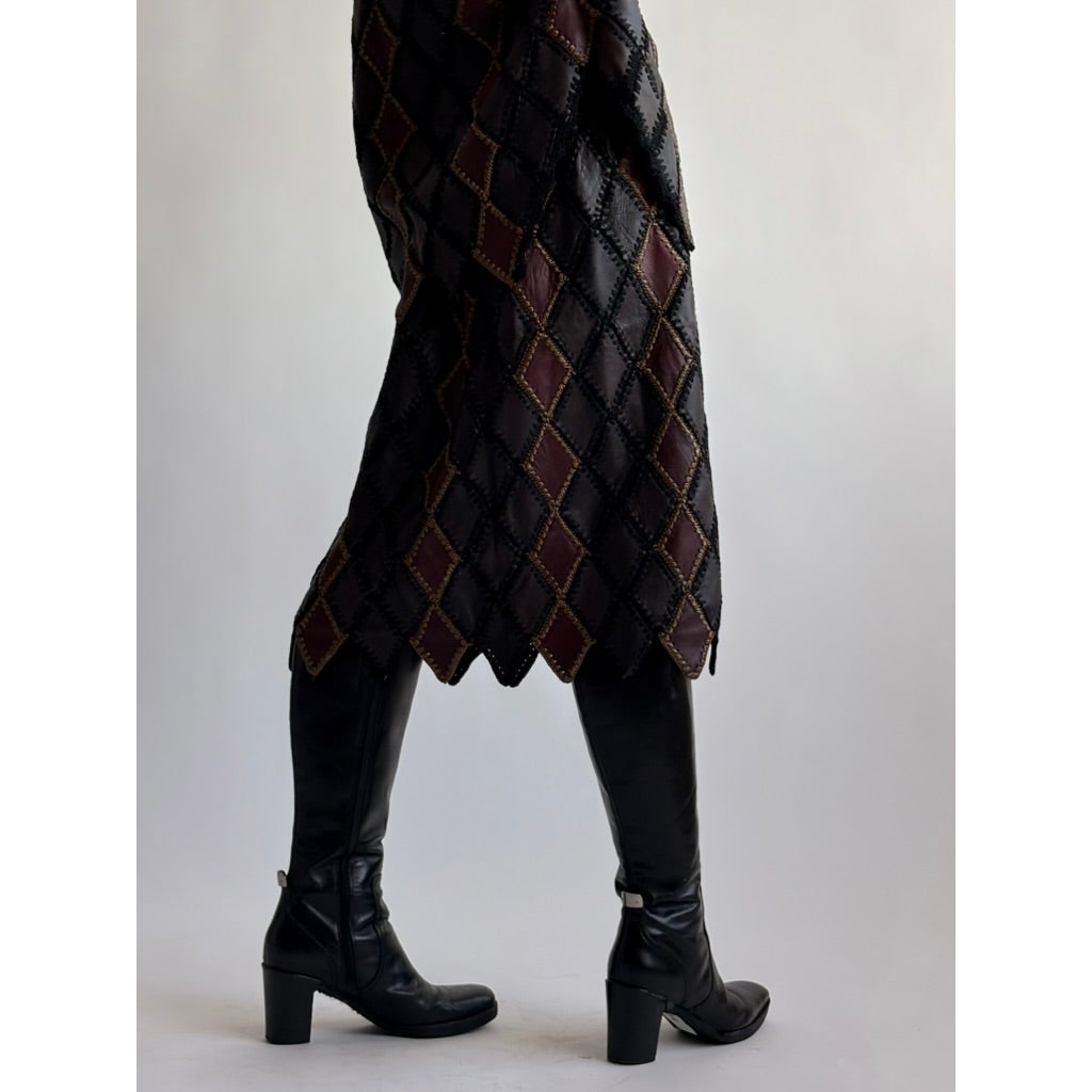 Vintage 1970s Handmade Turkish Diamond Patchwork Leather Skirt
