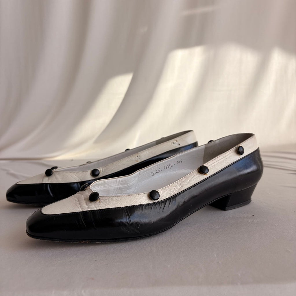 Vintage Delman Black & White Leather Low Block Heels - Button Detail, 1" Heel