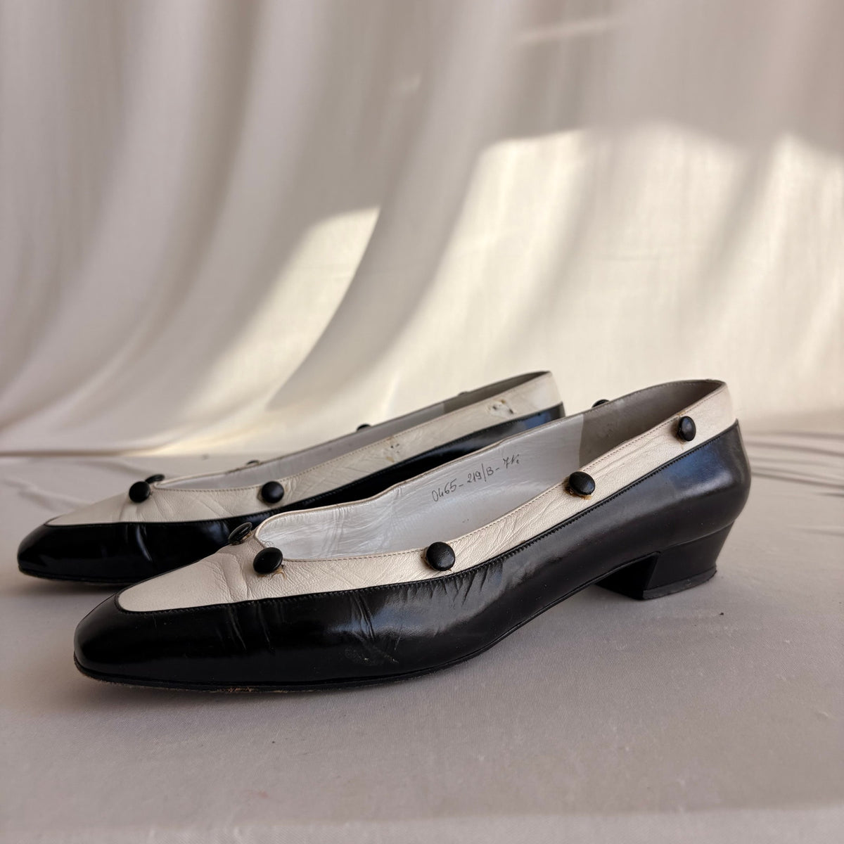 Vintage Delman Black & White Leather Low Block Heels - Button Detail, 1" Heel