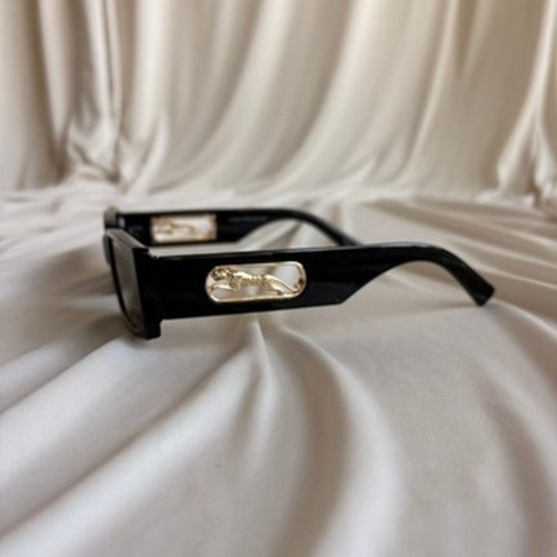 Narrow Black Rectangular Sunglasses - Gold Cheetah Emblem, Cutout Temple Detail