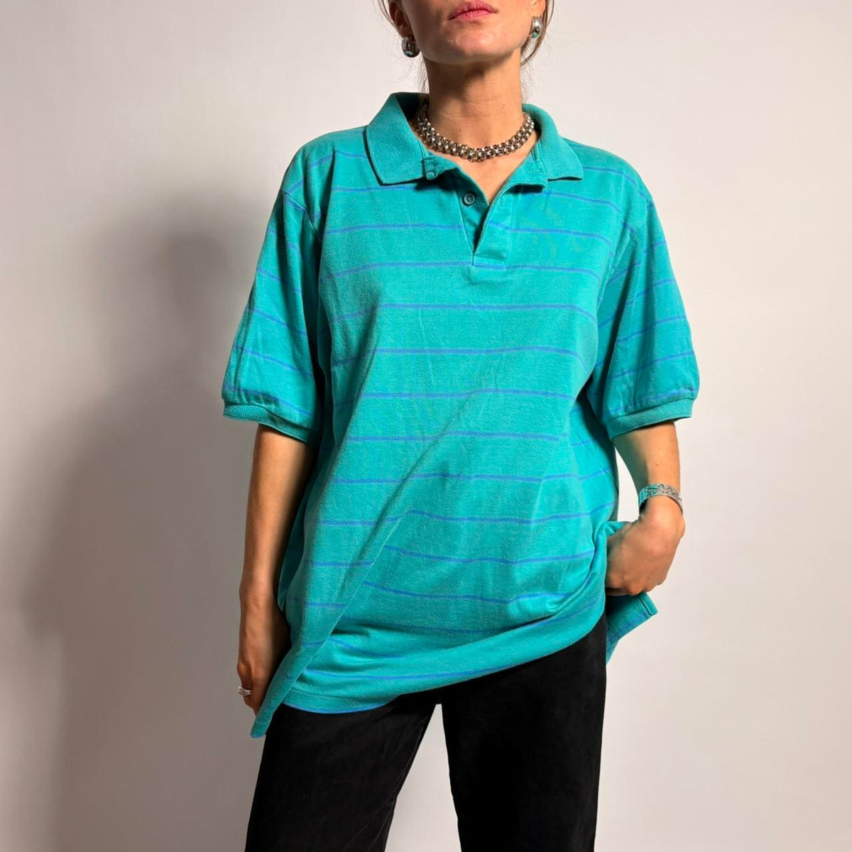 Vintage L.L.Bean Men's Polo - Teal/Blue Stripe, Size Large