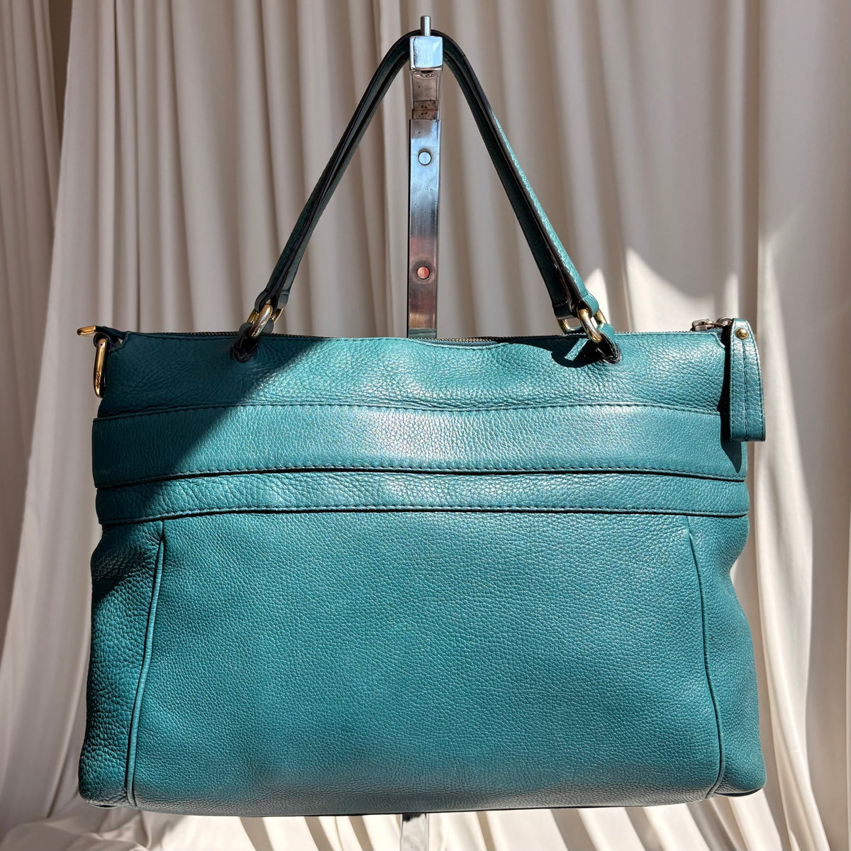 Gucci Medium Ride Top Handle Bag - Teal Pebbled Calfskin Leather, Gold Buckle