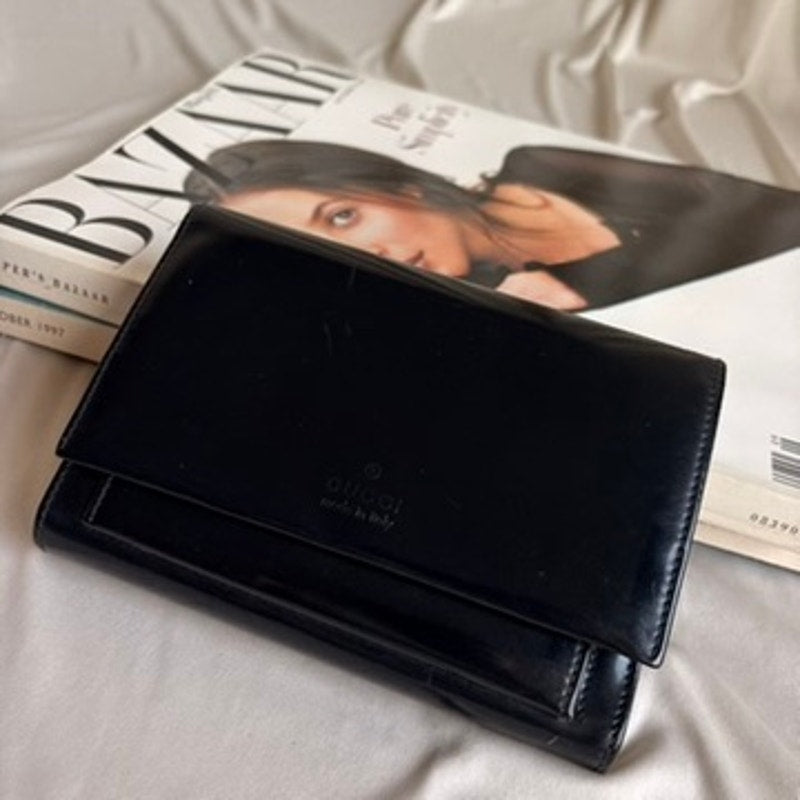 Gucci Patent Logo Wallet - Black, Trifold, Vintage
