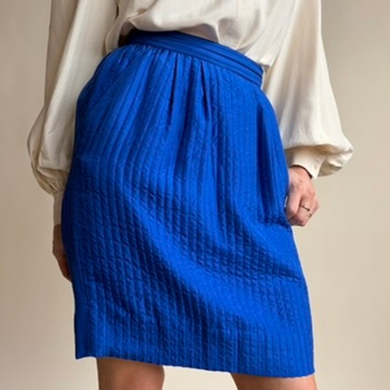 Cobalt Blue Quilted Silk Skirt - Vertical Stitching, 80s Vintage, Size 4