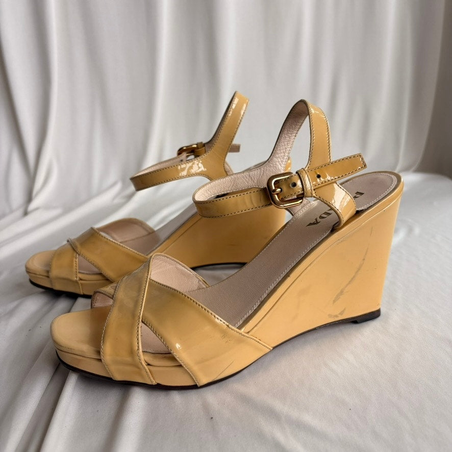 Vintage Prada Butter Yellow Patent Leather Wedge Sandals - Y2K, EU 39.5/US 9.5