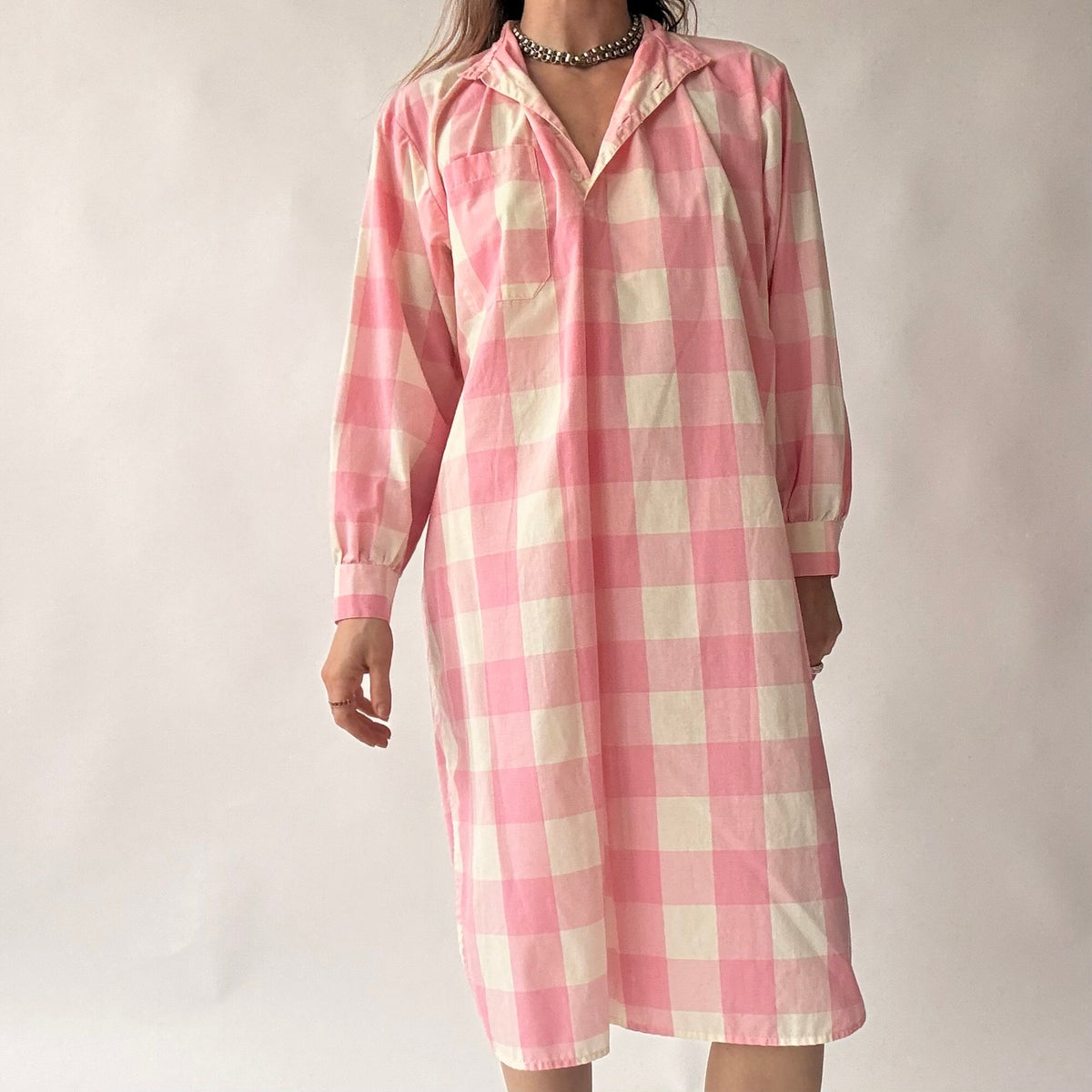 Vintage Michele Small Pink Buffalo Check Shirtdress w/ Pocket - Small