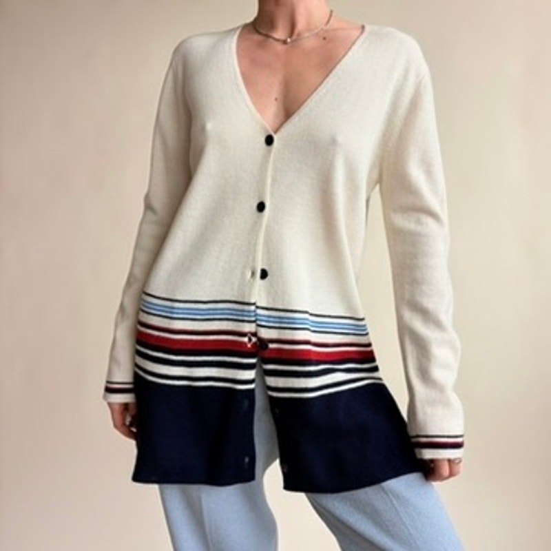 Jones & Co. Nautical Striped Cardigan - Merino Wool, Cream/Blue/Red, Y2K, Size Small