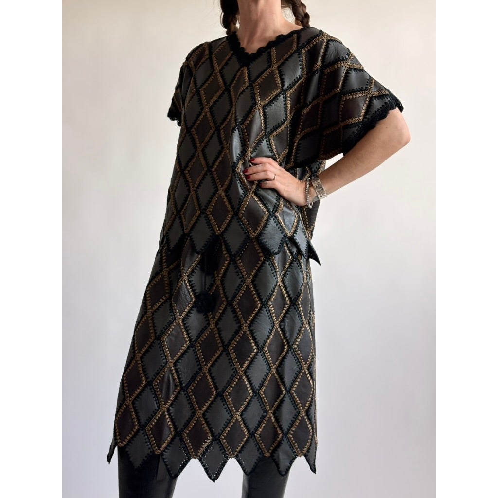Vintage 1970s Handmade Turkish Diamond Patchwork Leather Top