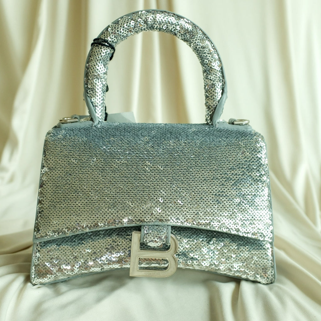 Balenciaga Hourglass Mini Sequin Bag - Silver, Calf Leather, NWT