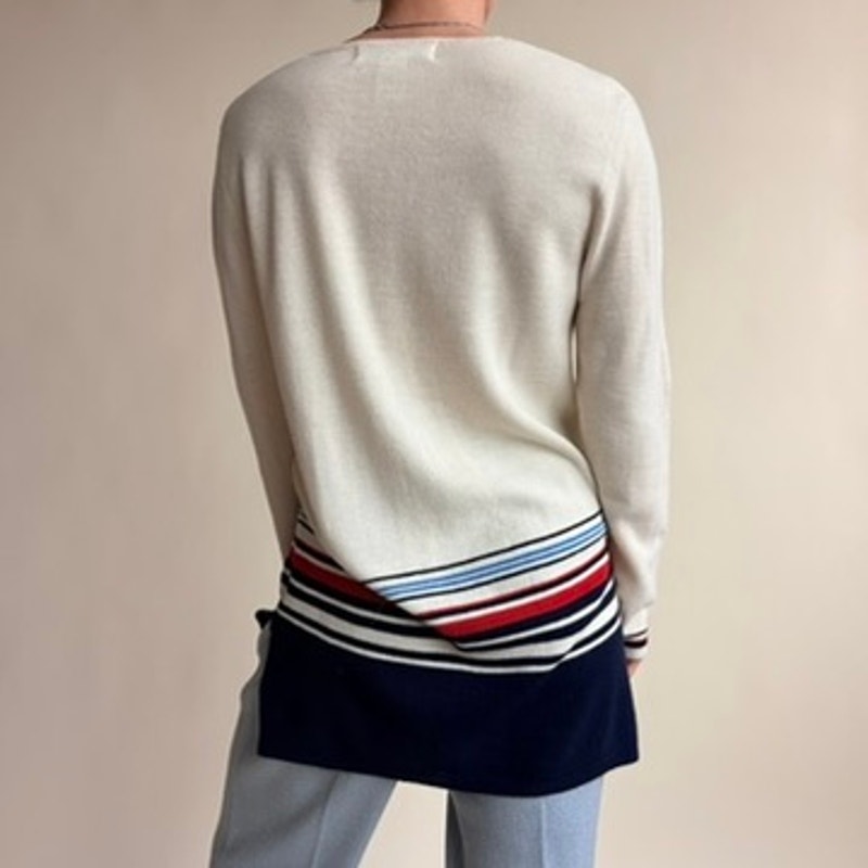 Jones & Co. Nautical Striped Cardigan - Merino Wool, Cream/Blue/Red, Y2K, Size Small