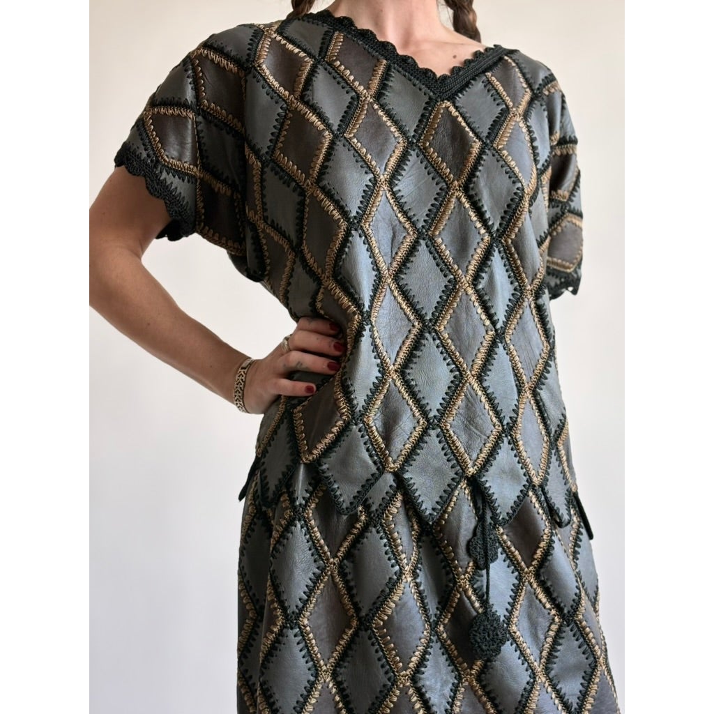 Vintage 1970s Handmade Turkish Diamond Patchwork Leather Top