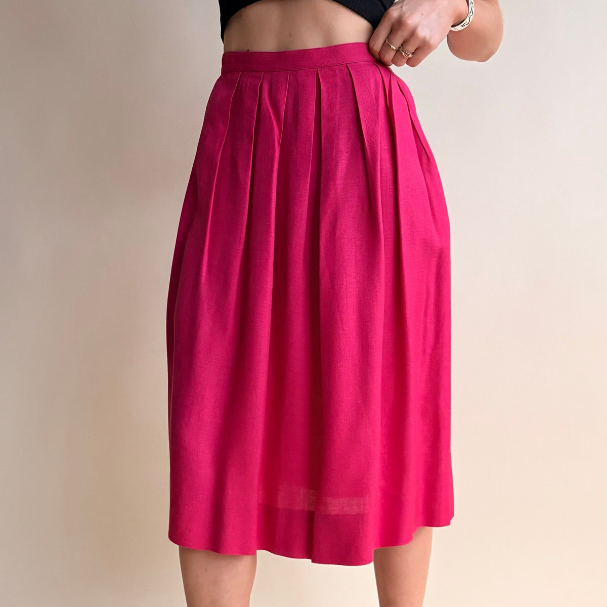 Hot Pink Pleated Midi Skirt - 50s/60s Vintage, Breezy Cotton Blend, Size 4