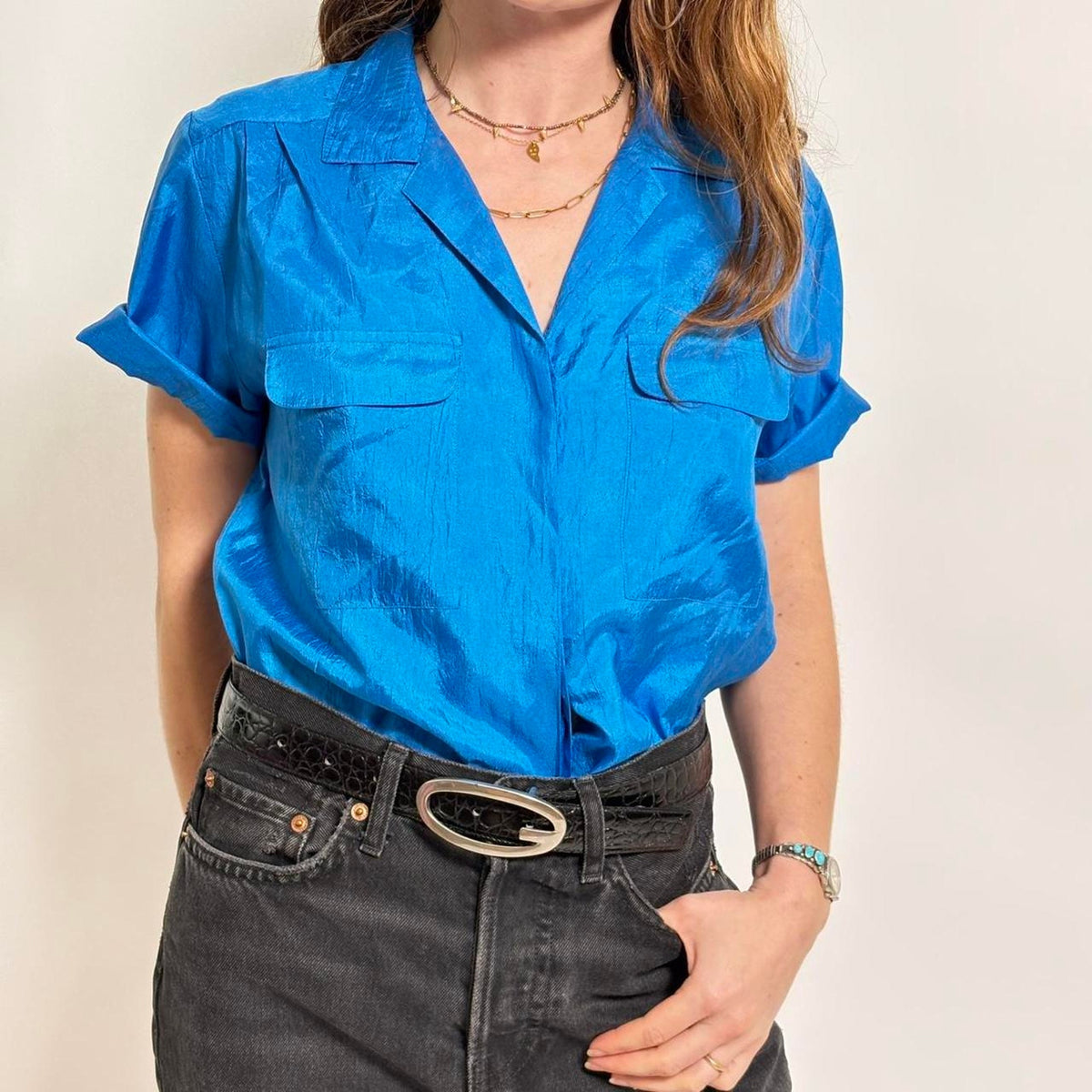 Vintage Laura & Jayne Crinkle Top ~ Iridescent Blue!