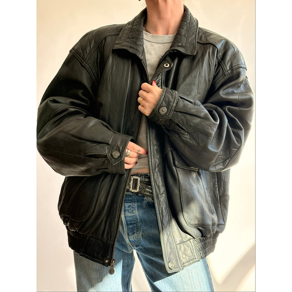 Vintage 1980s Members Only Black Leather Bomber Jacket