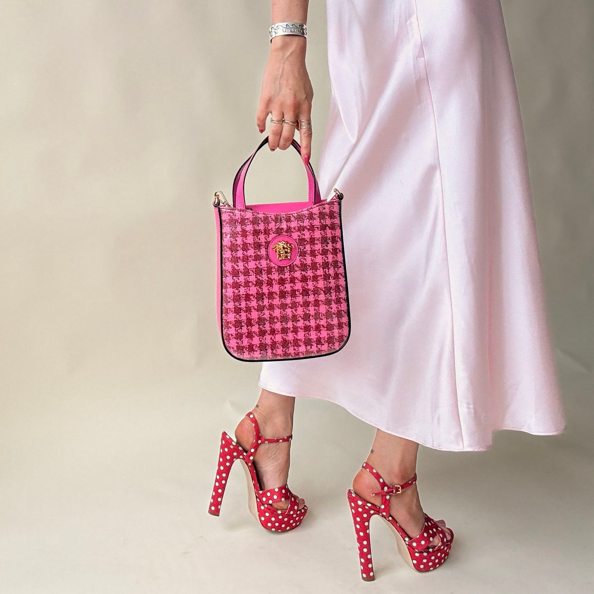 Versace La Medusa Calfskin Vinyl Mini Houndstooth Tote Bag Pink Multicolor Bag