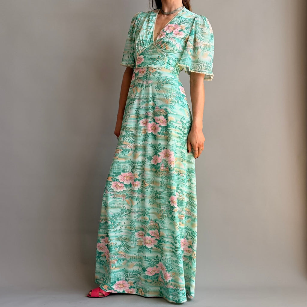 House of Nu-Mode Vintage 70s Mint Green Hawaiian Maxi Dress
