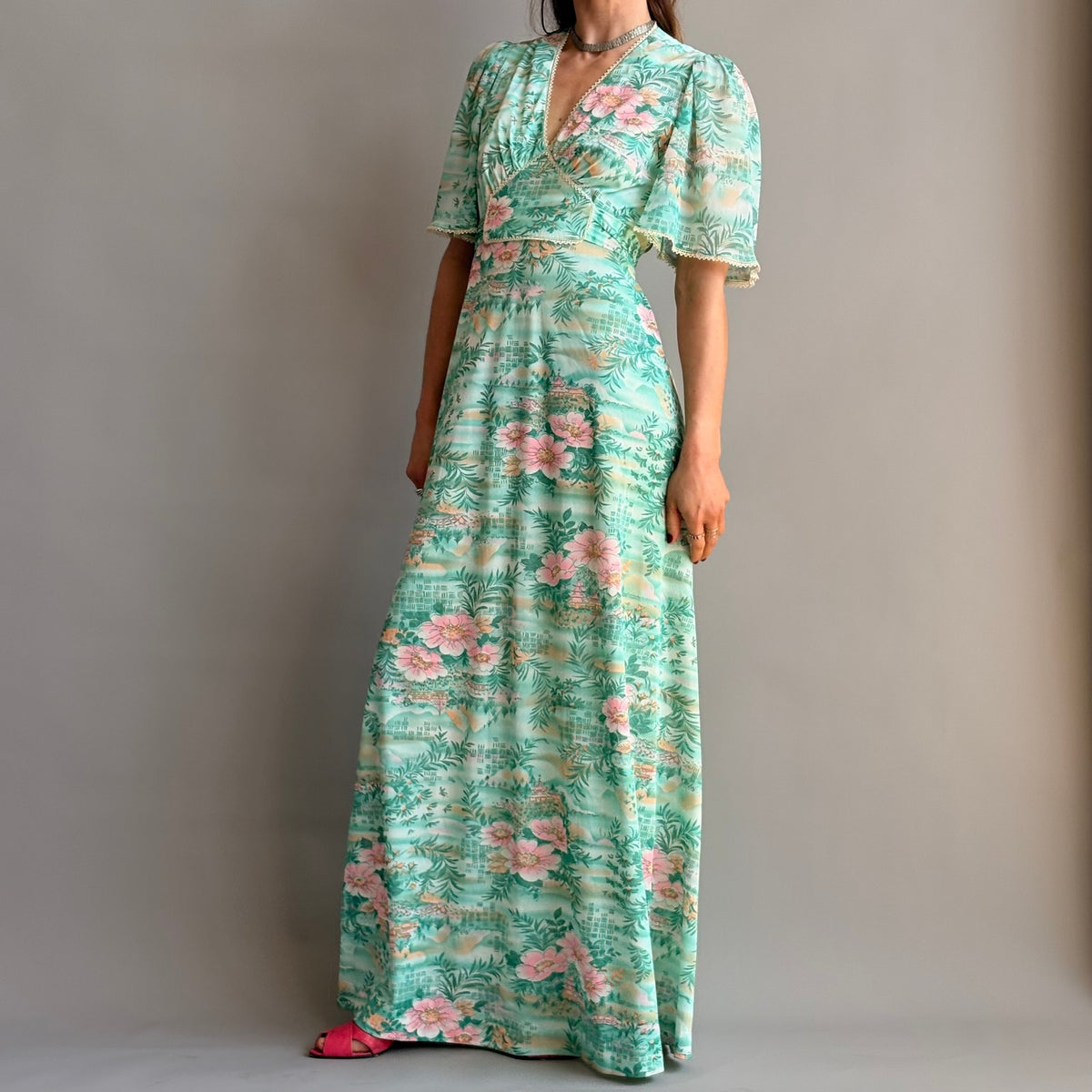 House of Nu-Mode Vintage 70s Mint Green Hawaiian Maxi Dress