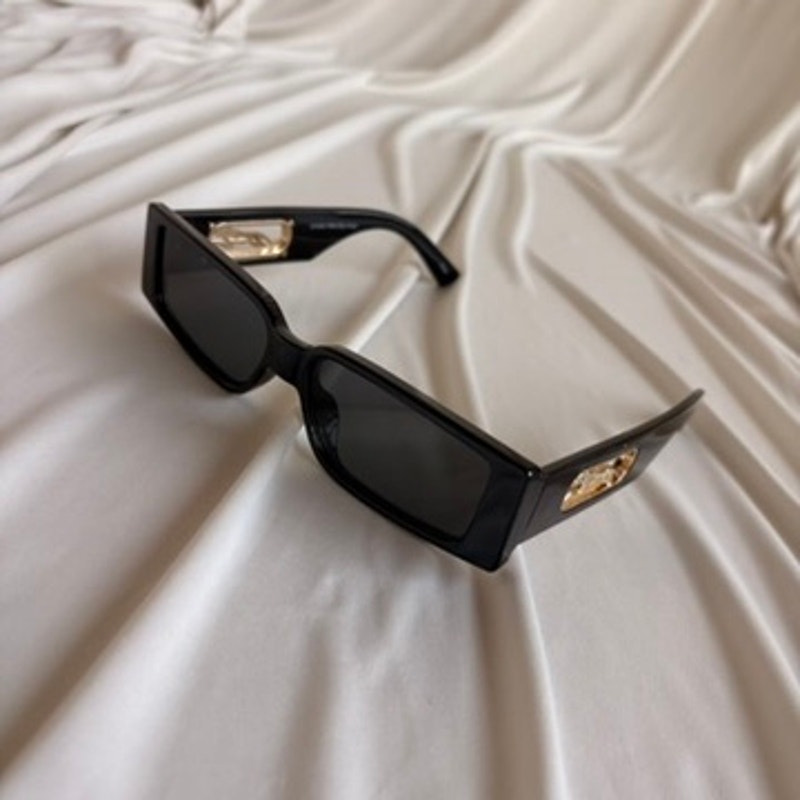 Narrow Black Rectangular Sunglasses - Gold Cheetah Emblem, Cutout Temple Detail