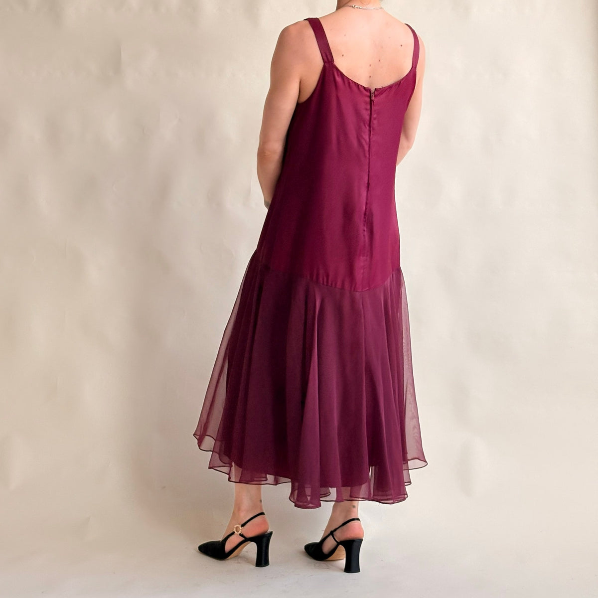 Crest Fashions Burgundy Drop-Waist Flapper Dress - Sheer Chiffon Skirt