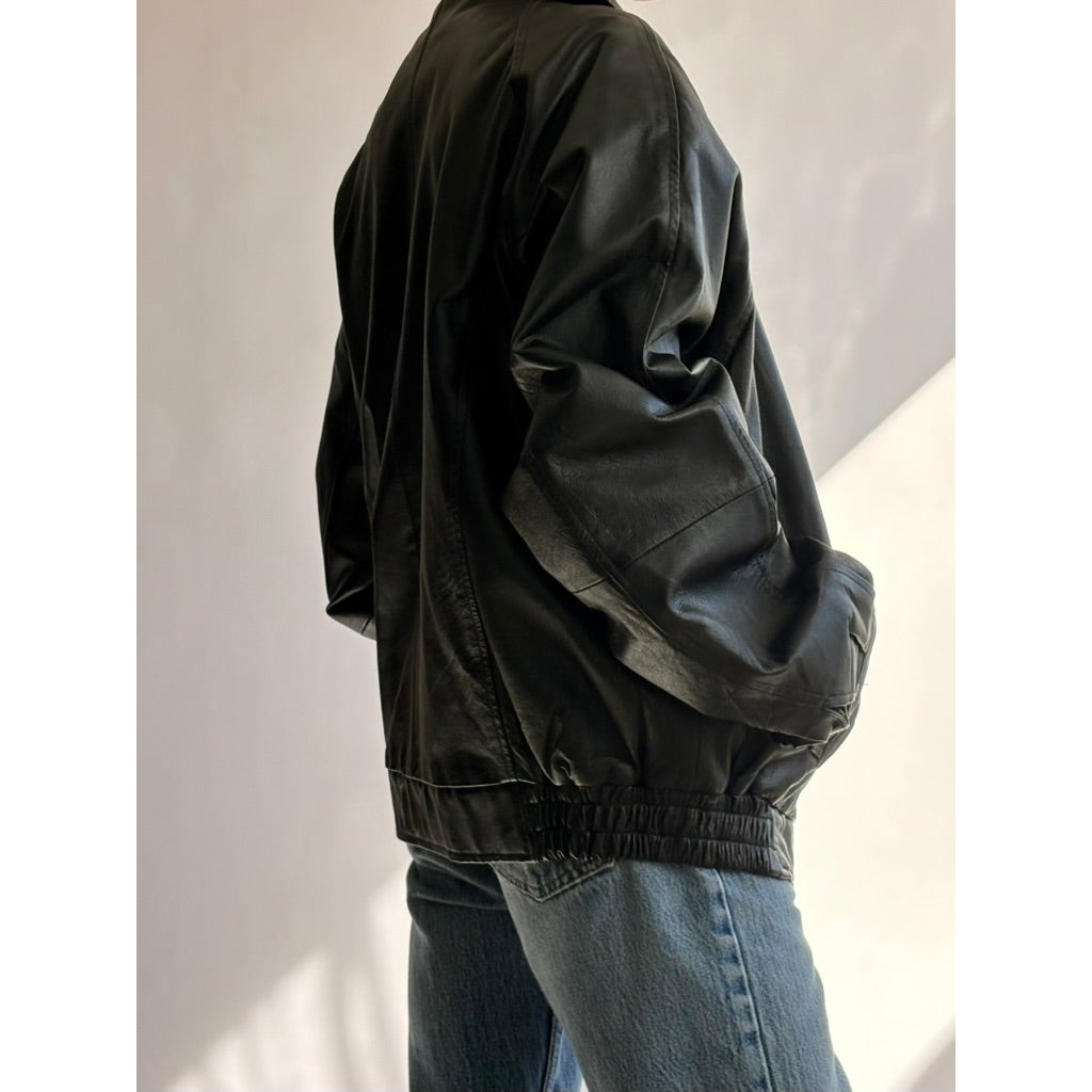 Vintage 90s North Crest Black Leather Bomber Jacket -large