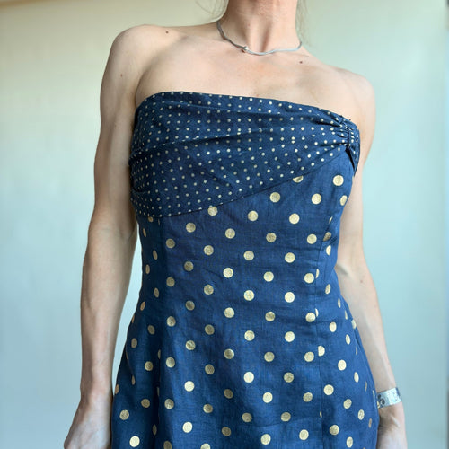 Albert Nipon Navy Blue Strapless Wiggle Dress - Gold Polka Dot, Bow Detail, Size 4/6
