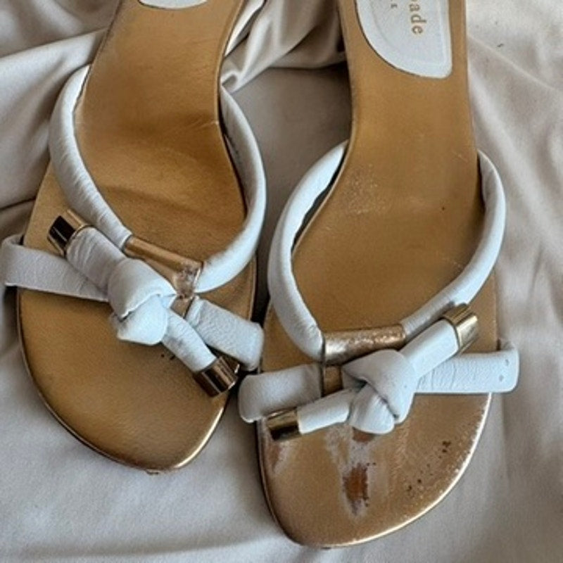 Kate Spade White Knotted Sandals - Gold Tips, 1" Heel, Size 7.5