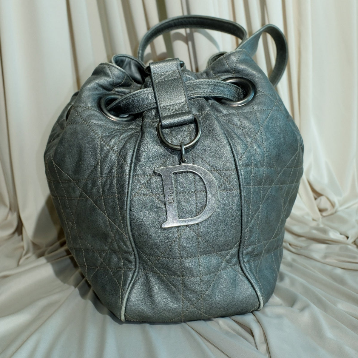 VTG Christian Dior Quilted Lambskin Leather Cannage Drawstring Bucket Bag Silver