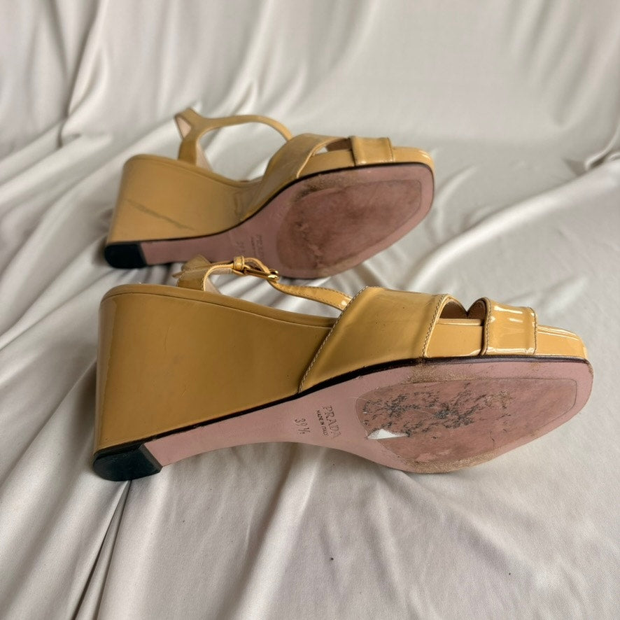 Vintage Prada Butter Yellow Patent Leather Wedge Sandals - Y2K, EU 39.5/US 9.5