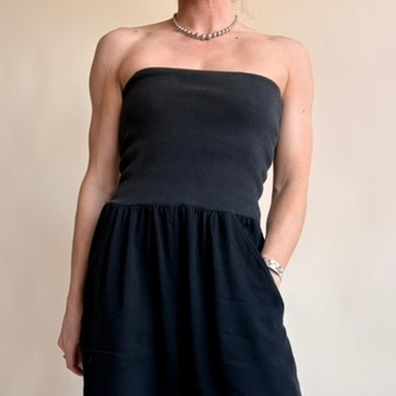 Chaus Black Ribbed Tube Top Jumpsuit - Wide Leg, Pockets, 90s Vintage, Size Small