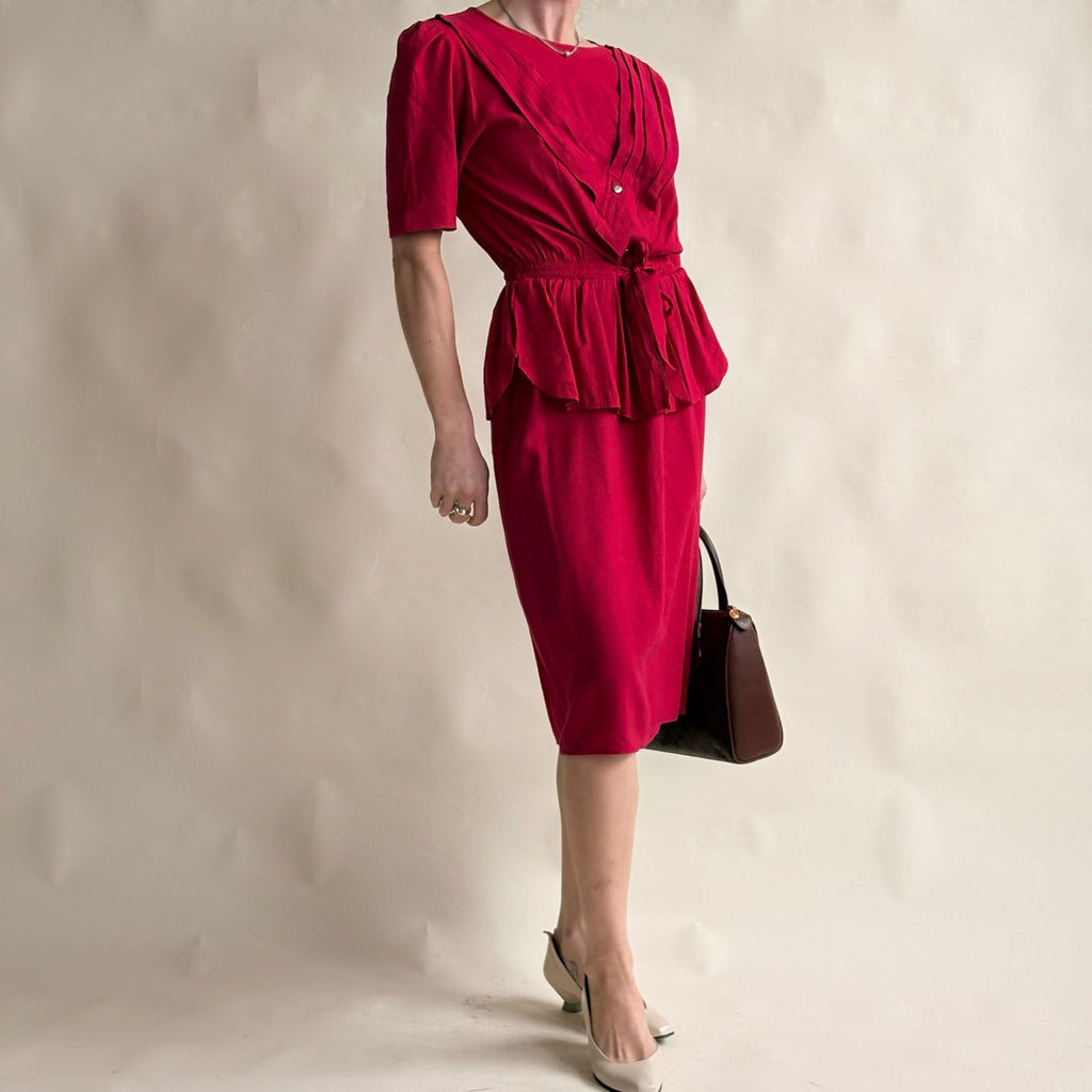 South Bay Vintage Red Wrap Peplum Dress - Pleated Detail, Tie Waist