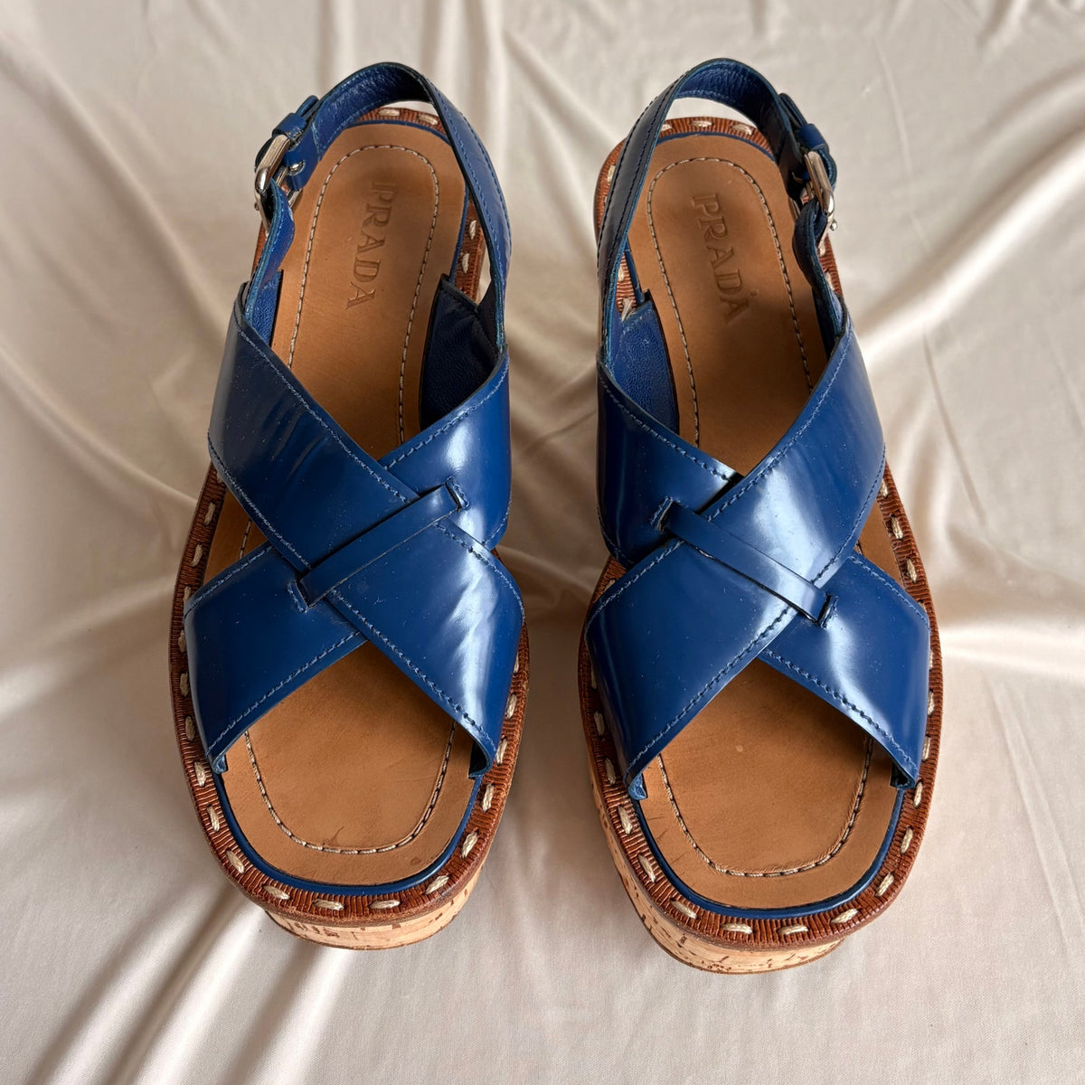 Prada Crisscross Blue Leather Wedge Sandals - EU 38 / US 7