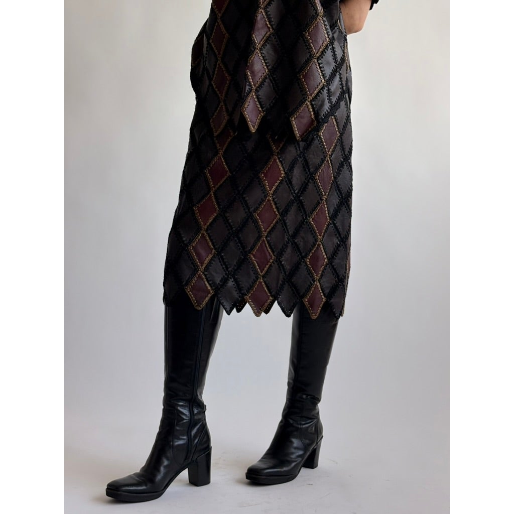 Vintage 1970s Handmade Turkish Diamond Patchwork Leather Skirt