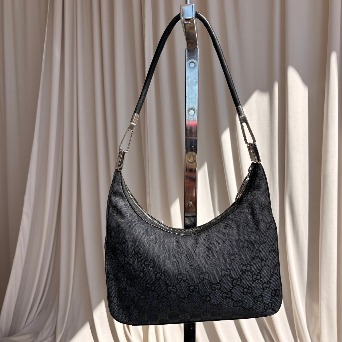 Vintage Gucci Tom Ford Era Black GG Monogram Canvas Hobo Bag Silver Hardware