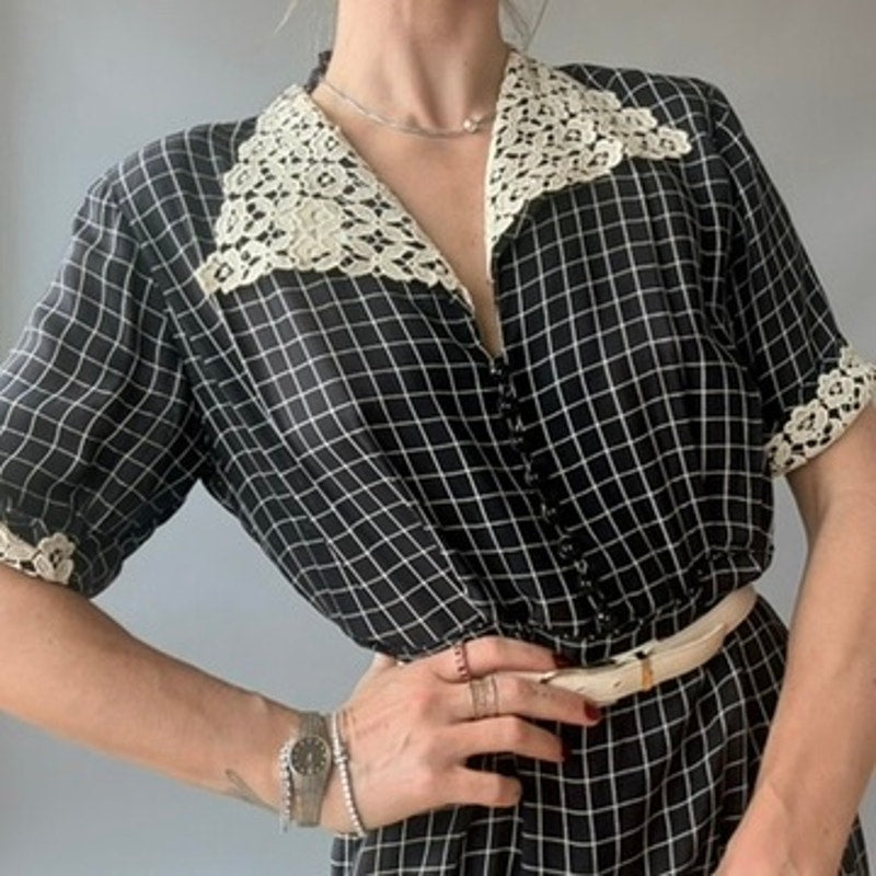 Vintage 50s Black Checkered Rayon Day Dress - Crochet Lace Collar & Cuffs