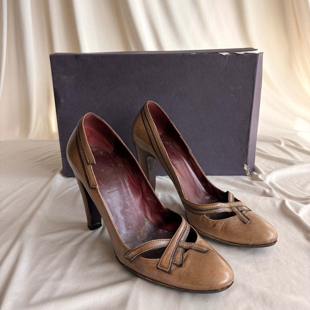 Vintage Prada Leather Cutout Accent Pumps - Crossover Straps, 37.5