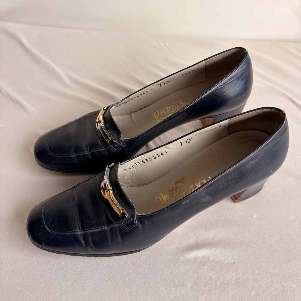 Vintage Ferragamo Navy Leather Heeled Loafers - Gold/Silver Hardware, 7.5