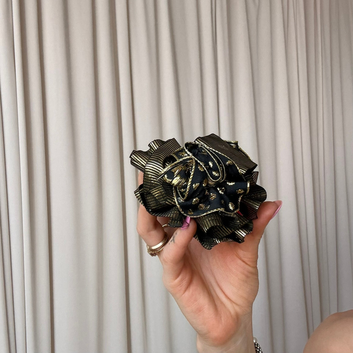 Gold & Black Stripe Ribbon Claw Clip - Polka Dot Detail, Retro
