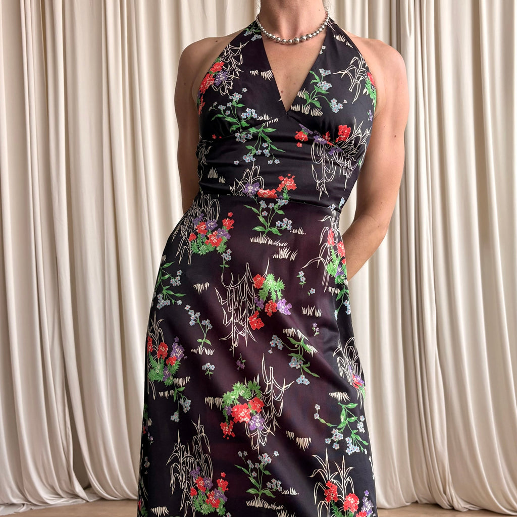 Leslie J 70s Black Floral Halter Maxi - Vintage Romantic, Fits Small