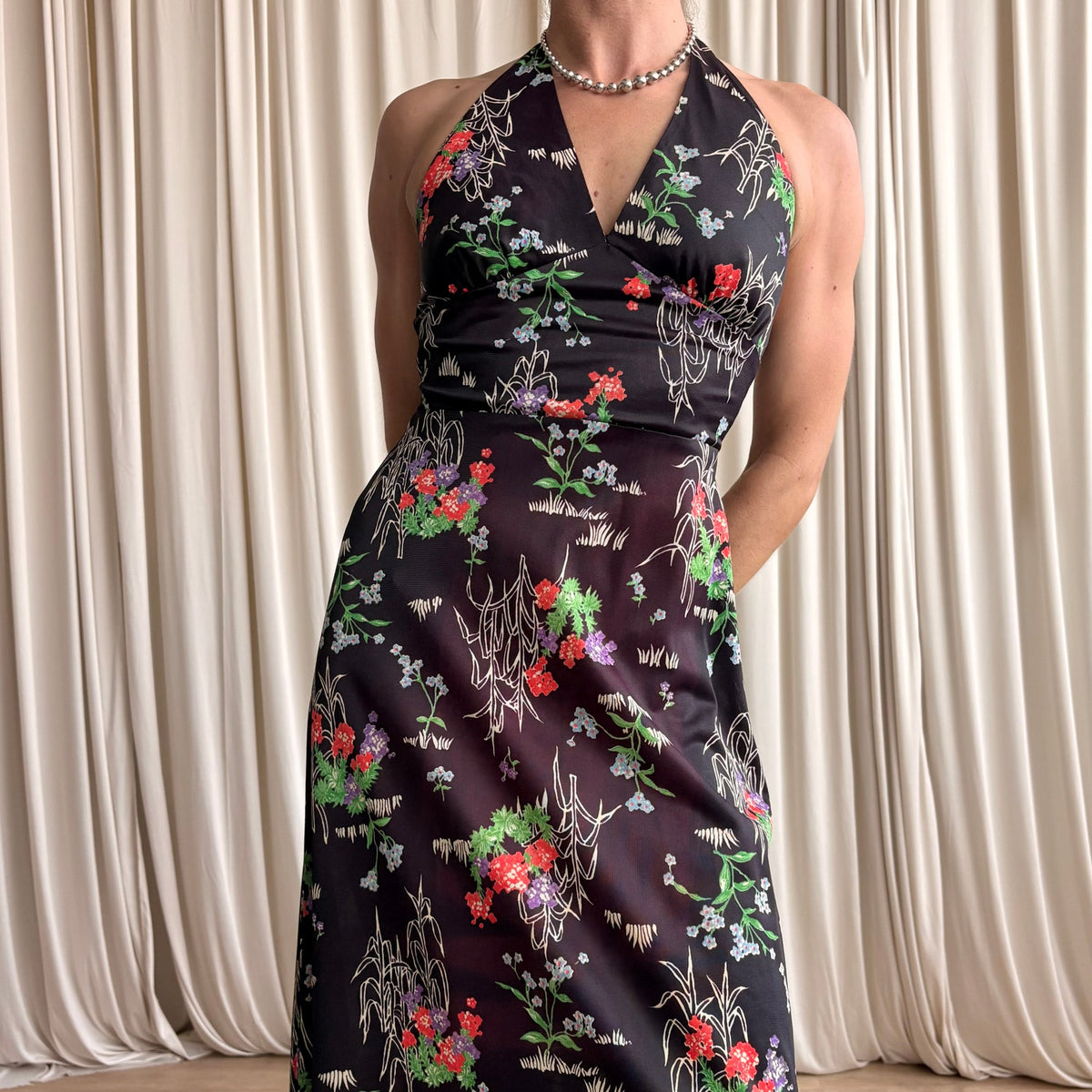 Leslie J 70s Black Floral Halter Maxi - Vintage Romantic, Fits Small