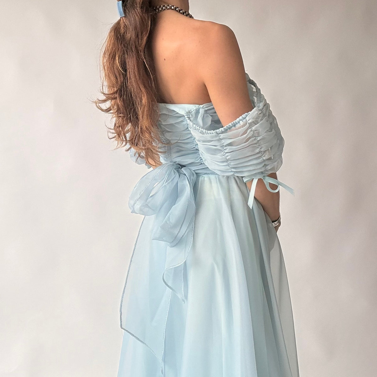 Roberta of California Vintage Powder Blue Ruched Off-Shoulder Gown