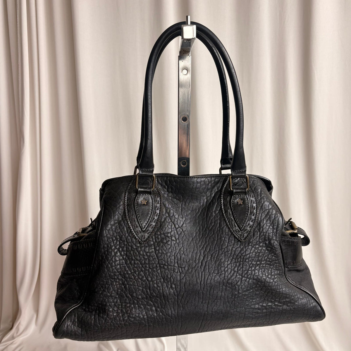 Fendi Black "Etnico Du Jour" Pebbled Calf Leather Handbag